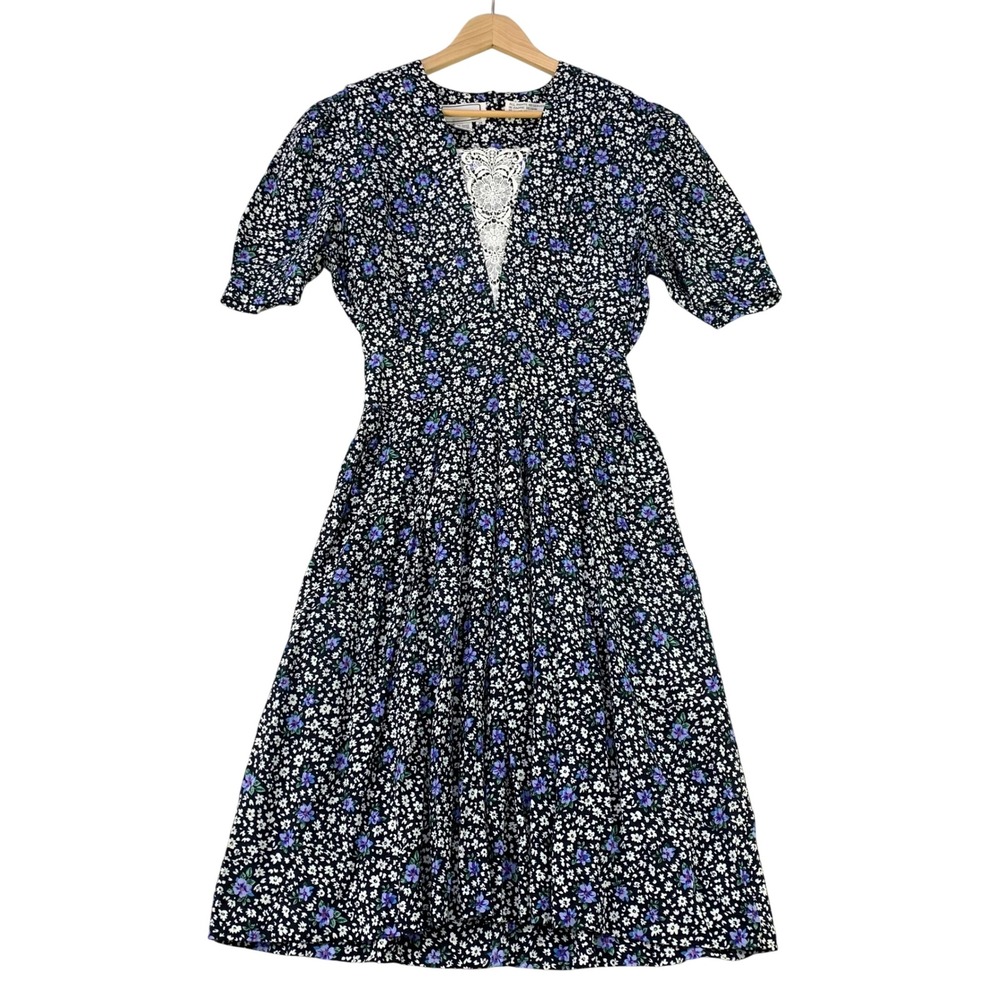 Vintage Karin Stevens Floral Lace Inset Dress Women 14 Purple Rayon Midi Cottage